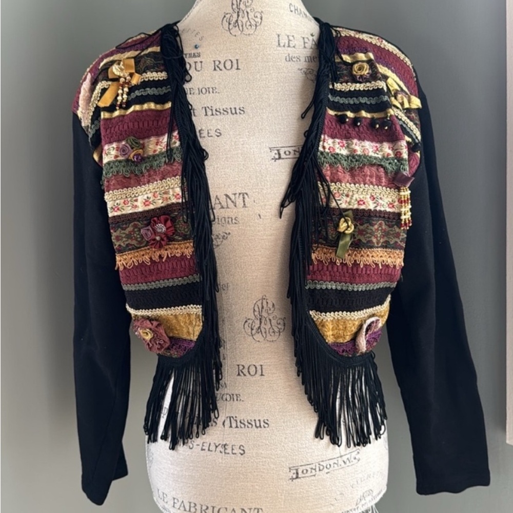 Vintage Joyou Fringe Cotton Western Bolero Jersey Knit Removeable Shoulder Pads